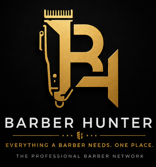 Barber Hunter gold logo and brand lockup on black background