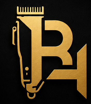 Barber Hunter gold BH clipper monogram on black background